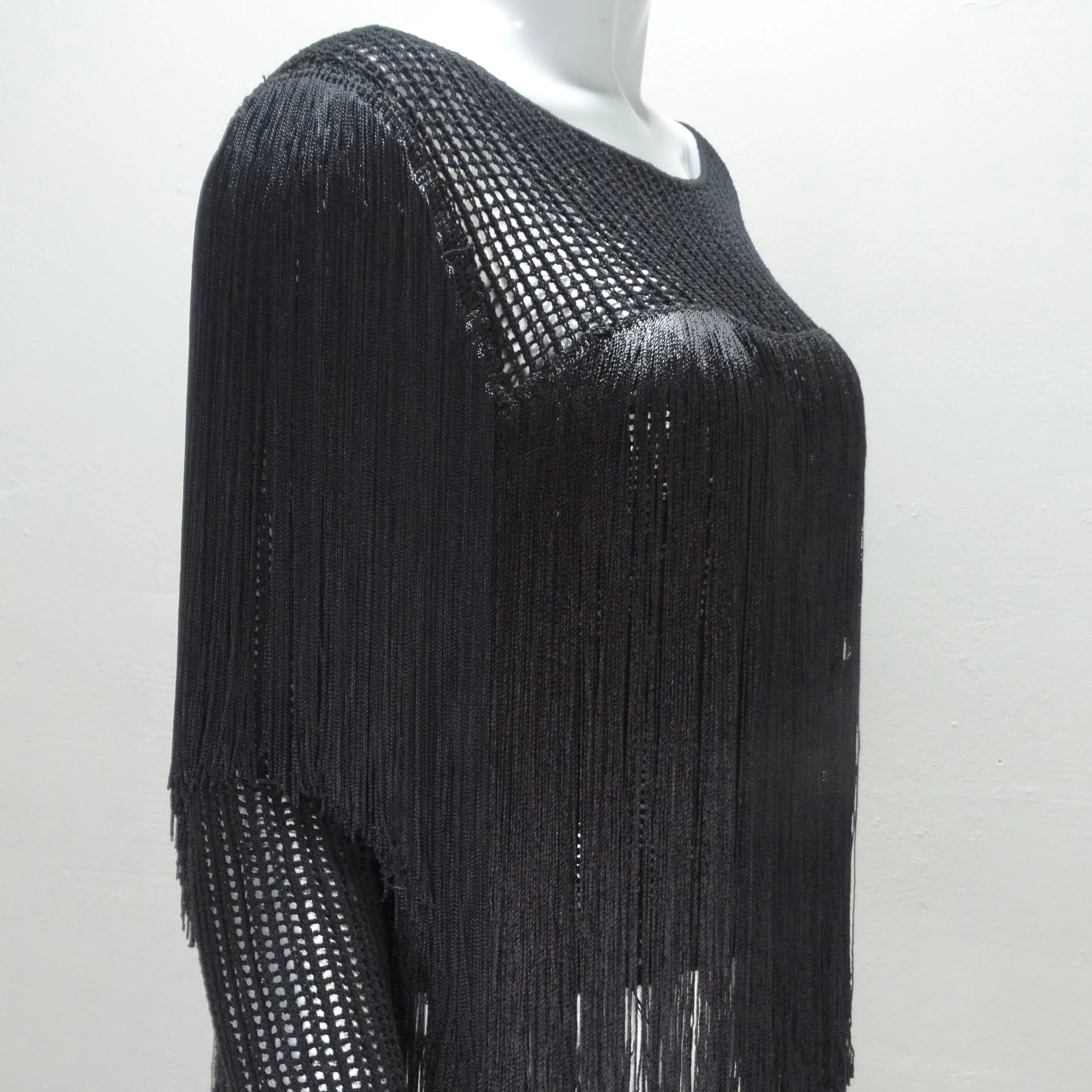 1980s Black Fringe Long Sleeve Top