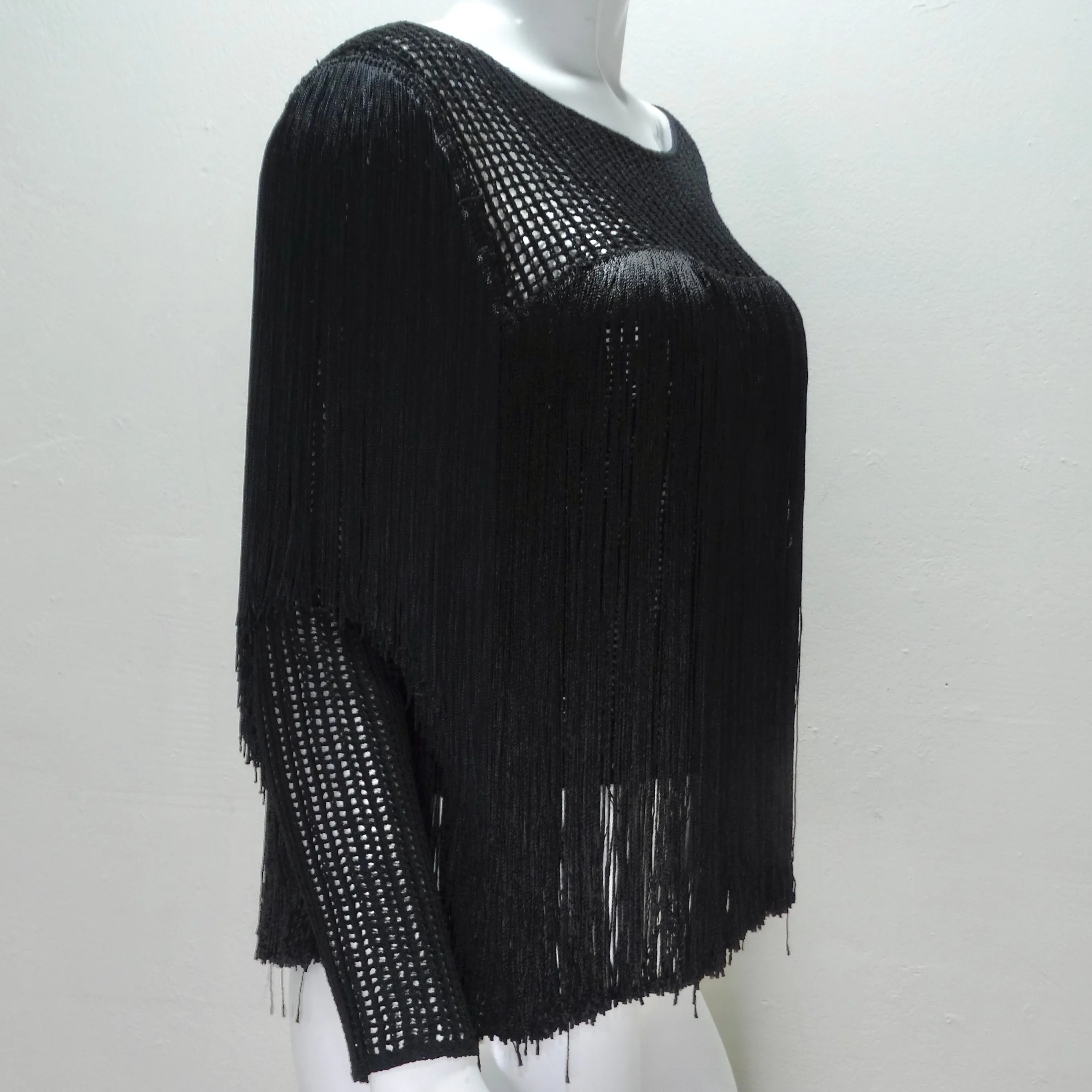 1980s Black Fringe Long Sleeve Top