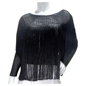 1980s Black Fringe Long Sleeve Top