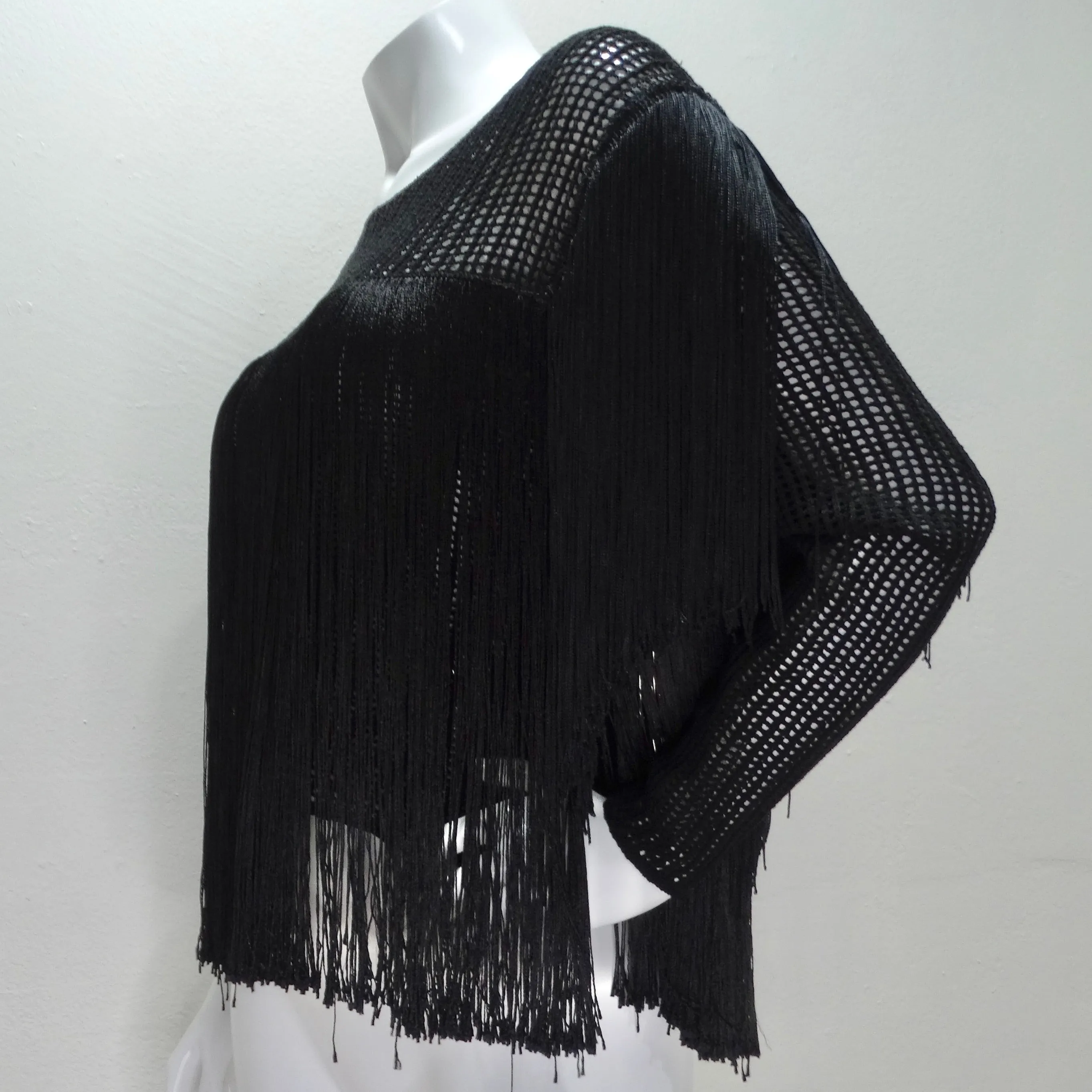 1980s Black Fringe Long Sleeve Top