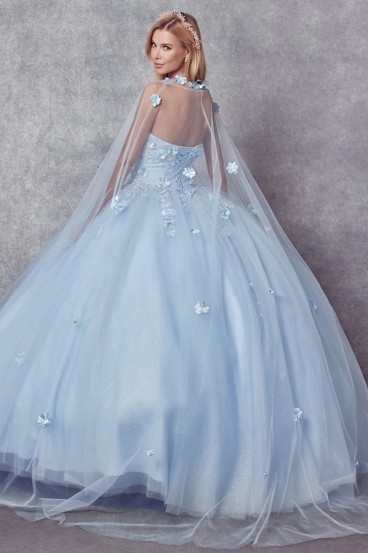 3D Floral Strapless Cape Ball Gown by Juliet 1435