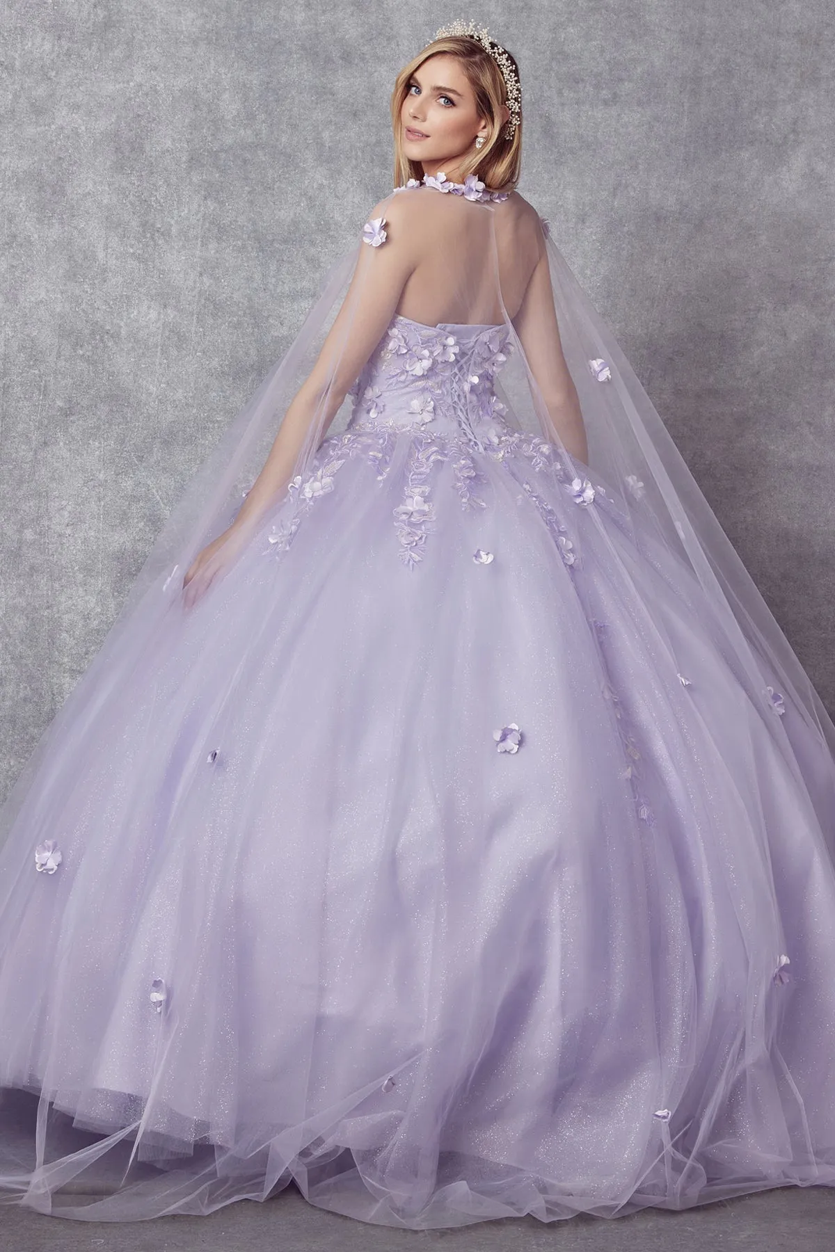 3D Floral Strapless Cape Ball Gown by Juliet 1435
