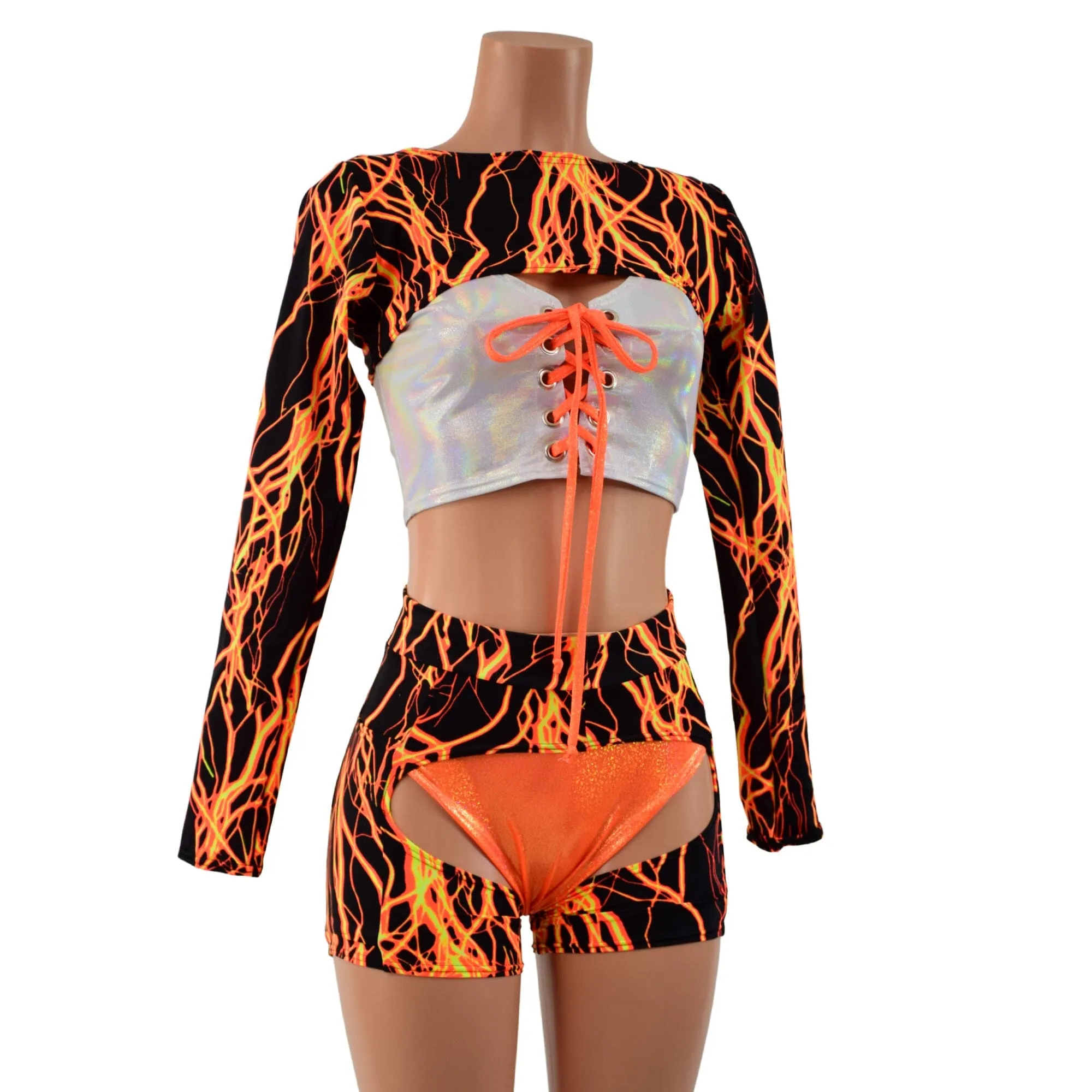 4PC Neon Orange Lightning Shorts, Chaps, Crop Top and Bolero Set
