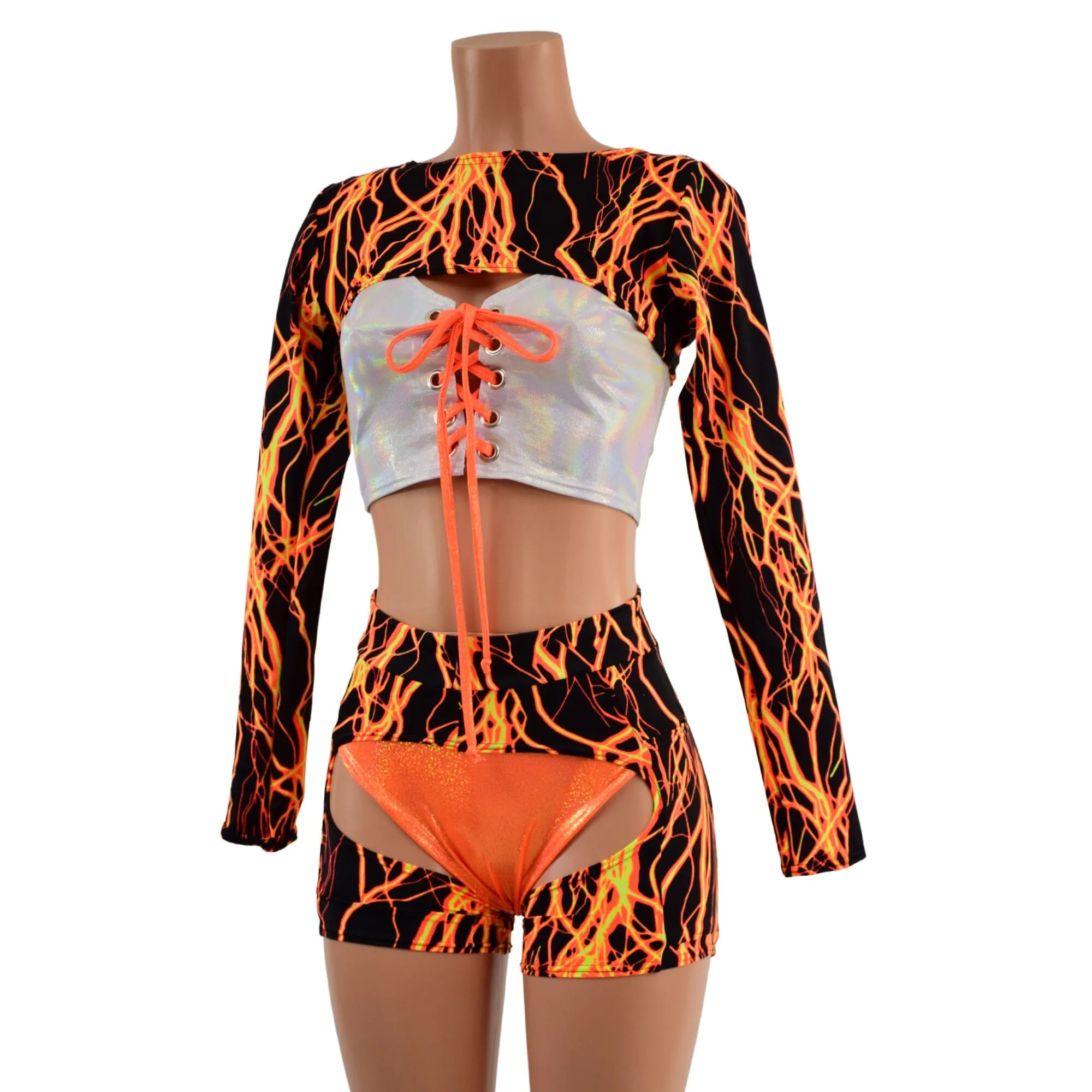 4PC Neon Orange Lightning Shorts, Chaps, Crop Top and Bolero Set