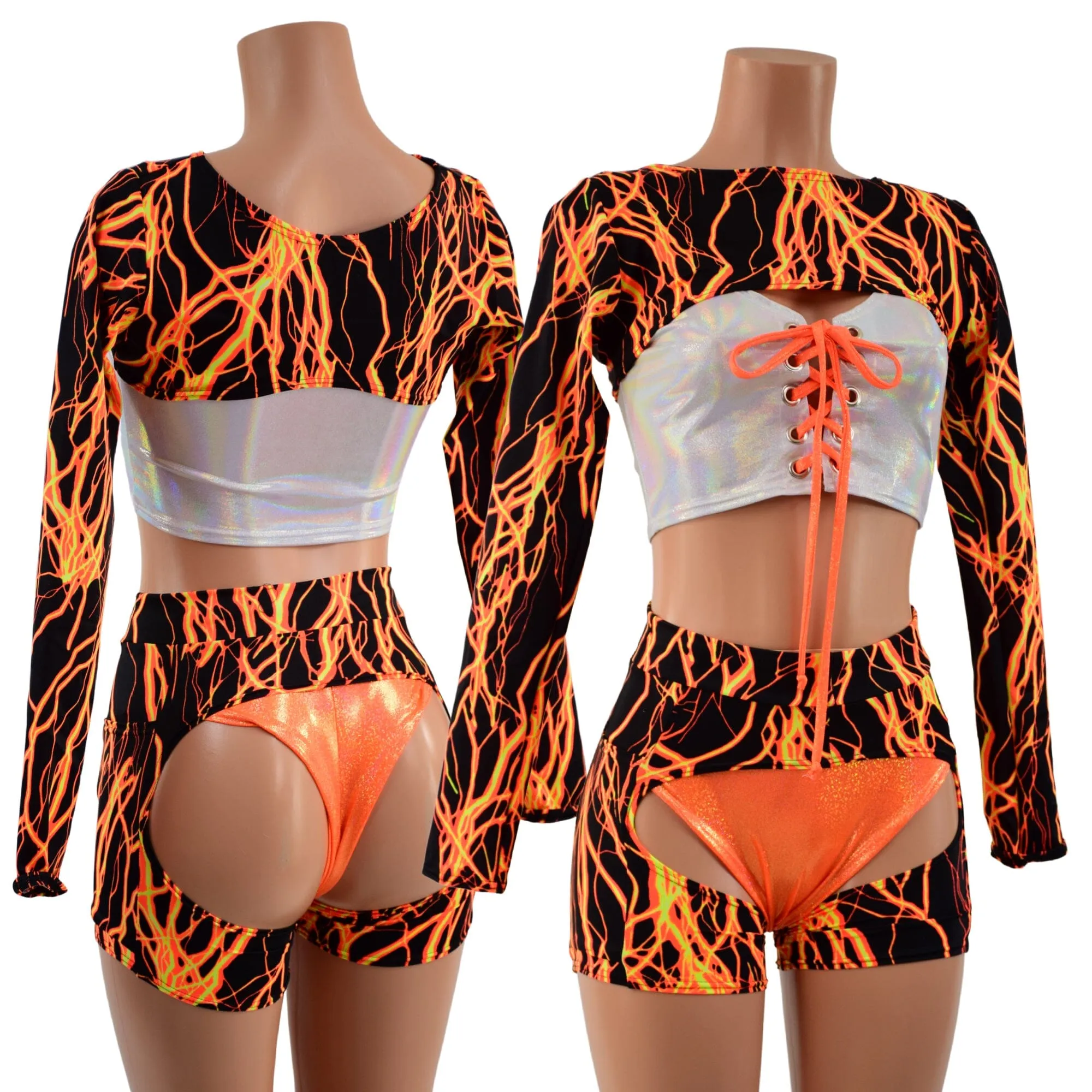 4PC Neon Orange Lightning Shorts, Chaps, Crop Top and Bolero Set