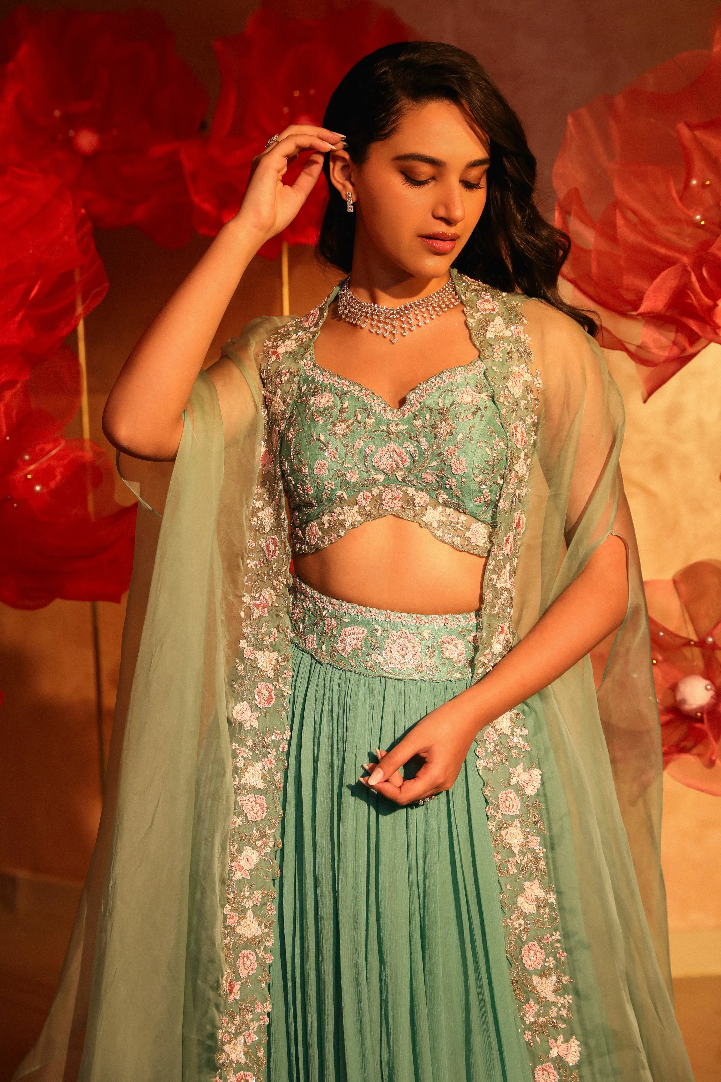 Ablaze agate green lehenga and cape set
