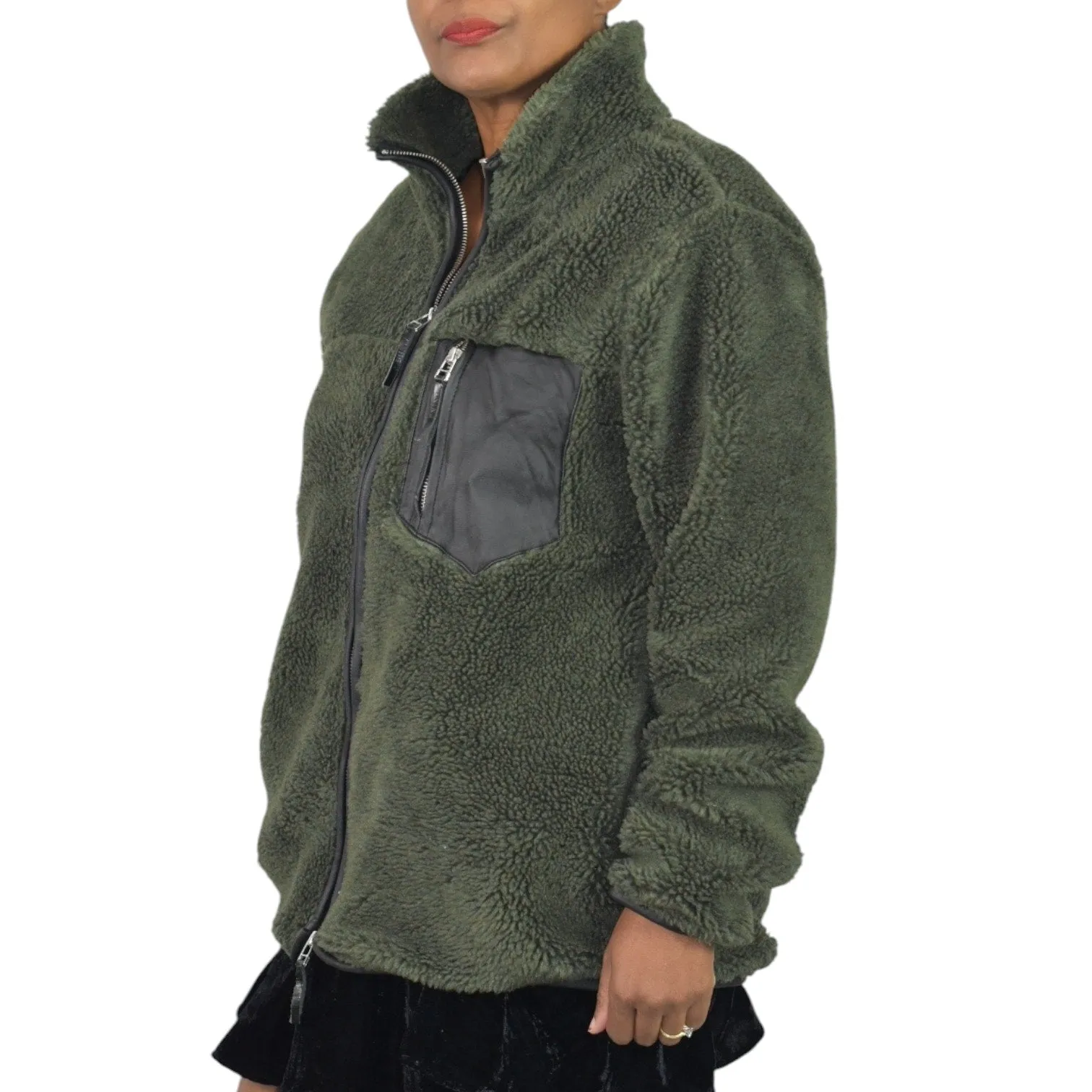 Anine Bing Ryder Faux Fur Jacket Green Olive Fleece Pile Sherpa Teddy Plush Zip Front Faux Leather Small