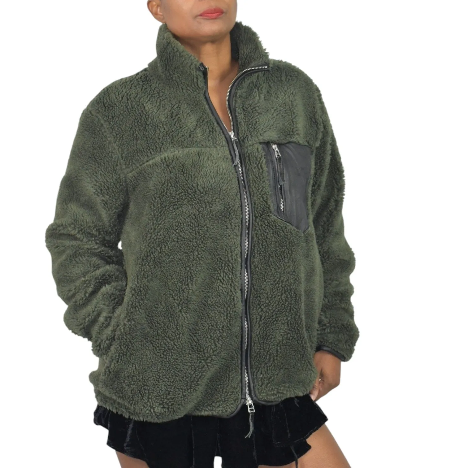 Anine Bing Ryder Faux Fur Jacket Green Olive Fleece Pile Sherpa Teddy Plush Zip Front Faux Leather Small