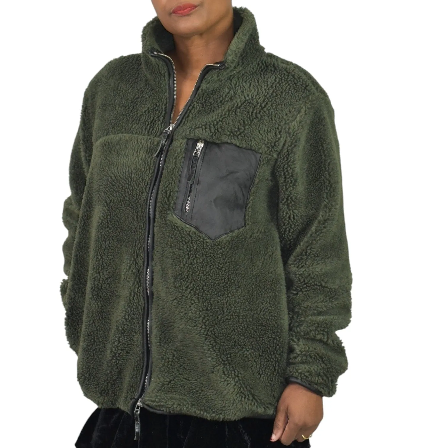 Anine Bing Ryder Faux Fur Jacket Green Olive Fleece Pile Sherpa Teddy Plush Zip Front Faux Leather Small