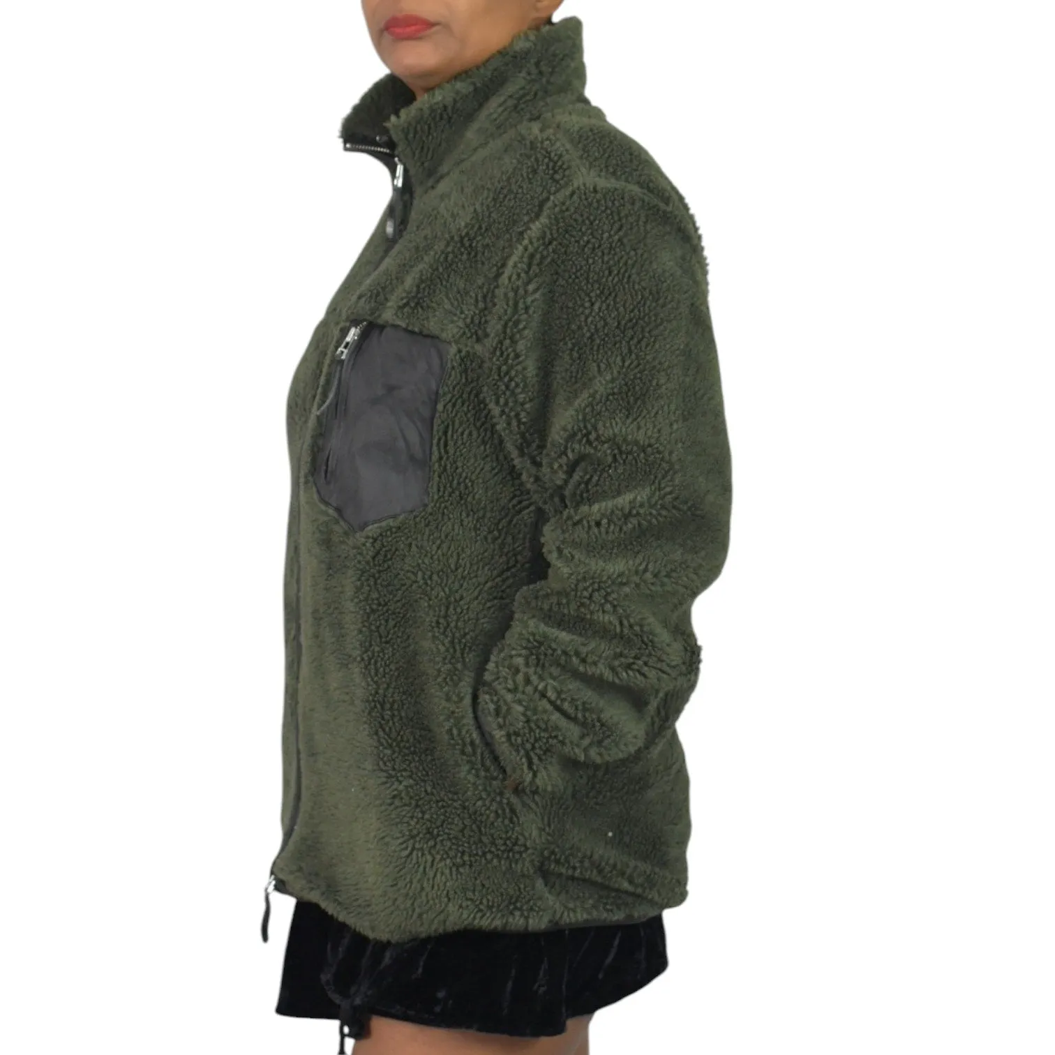 Anine Bing Ryder Faux Fur Jacket Green Olive Fleece Pile Sherpa Teddy Plush Zip Front Faux Leather Small