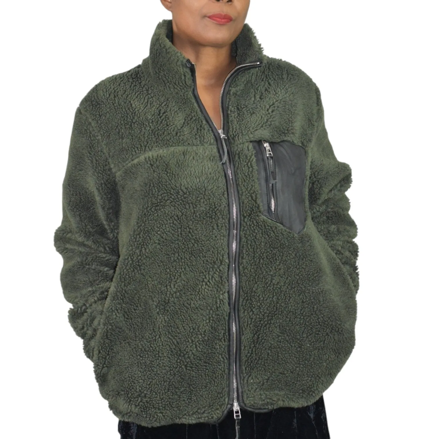 Anine Bing Ryder Faux Fur Jacket Green Olive Fleece Pile Sherpa Teddy Plush Zip Front Faux Leather Small