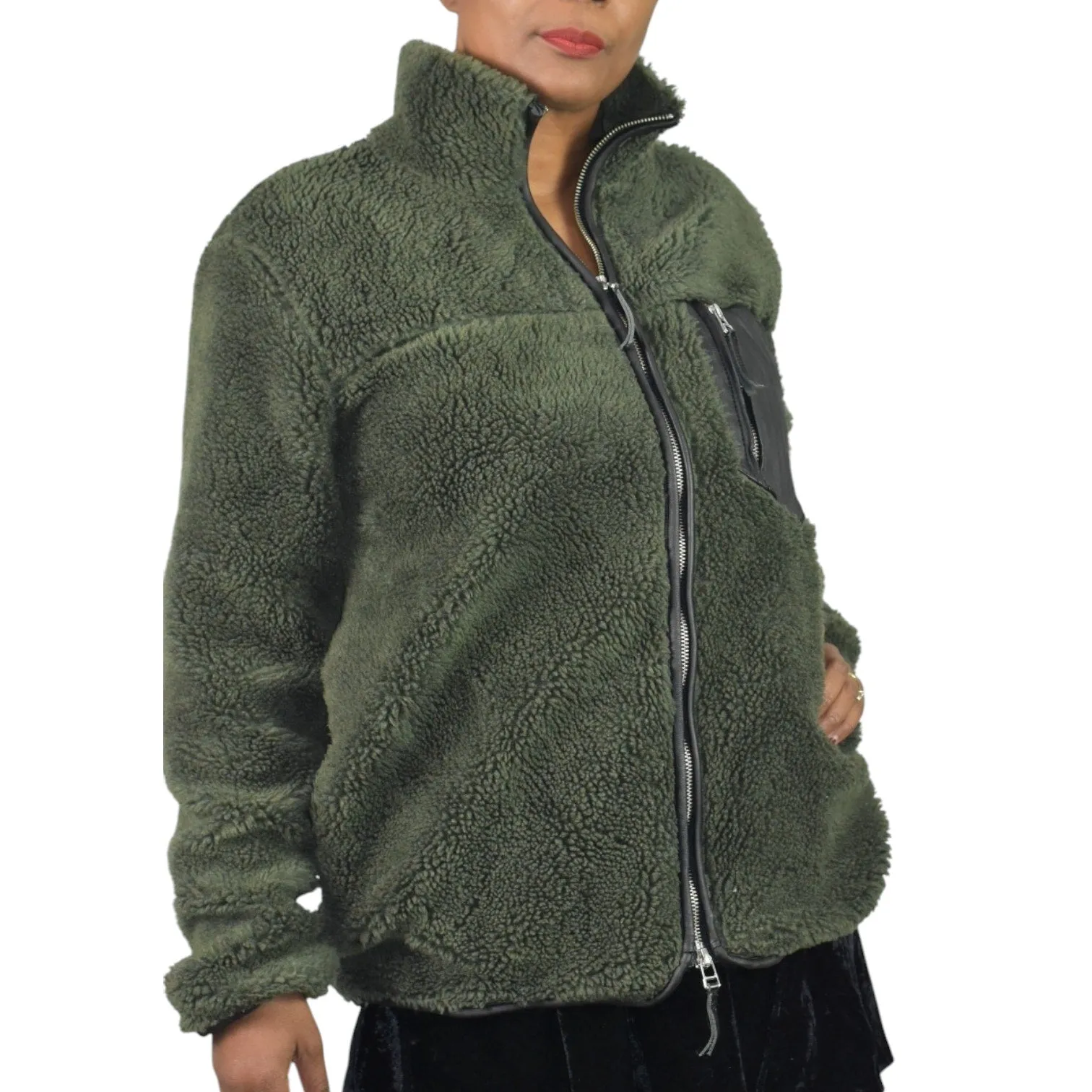 Anine Bing Ryder Faux Fur Jacket Green Olive Fleece Pile Sherpa Teddy Plush Zip Front Faux Leather Small