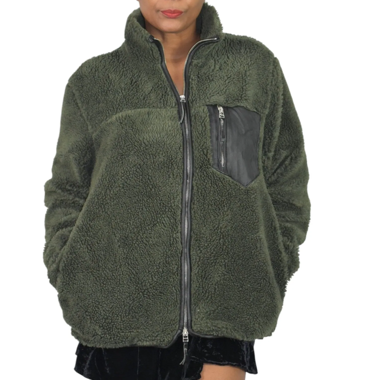 Anine Bing Ryder Faux Fur Jacket Green Olive Fleece Pile Sherpa Teddy Plush Zip Front Faux Leather Small