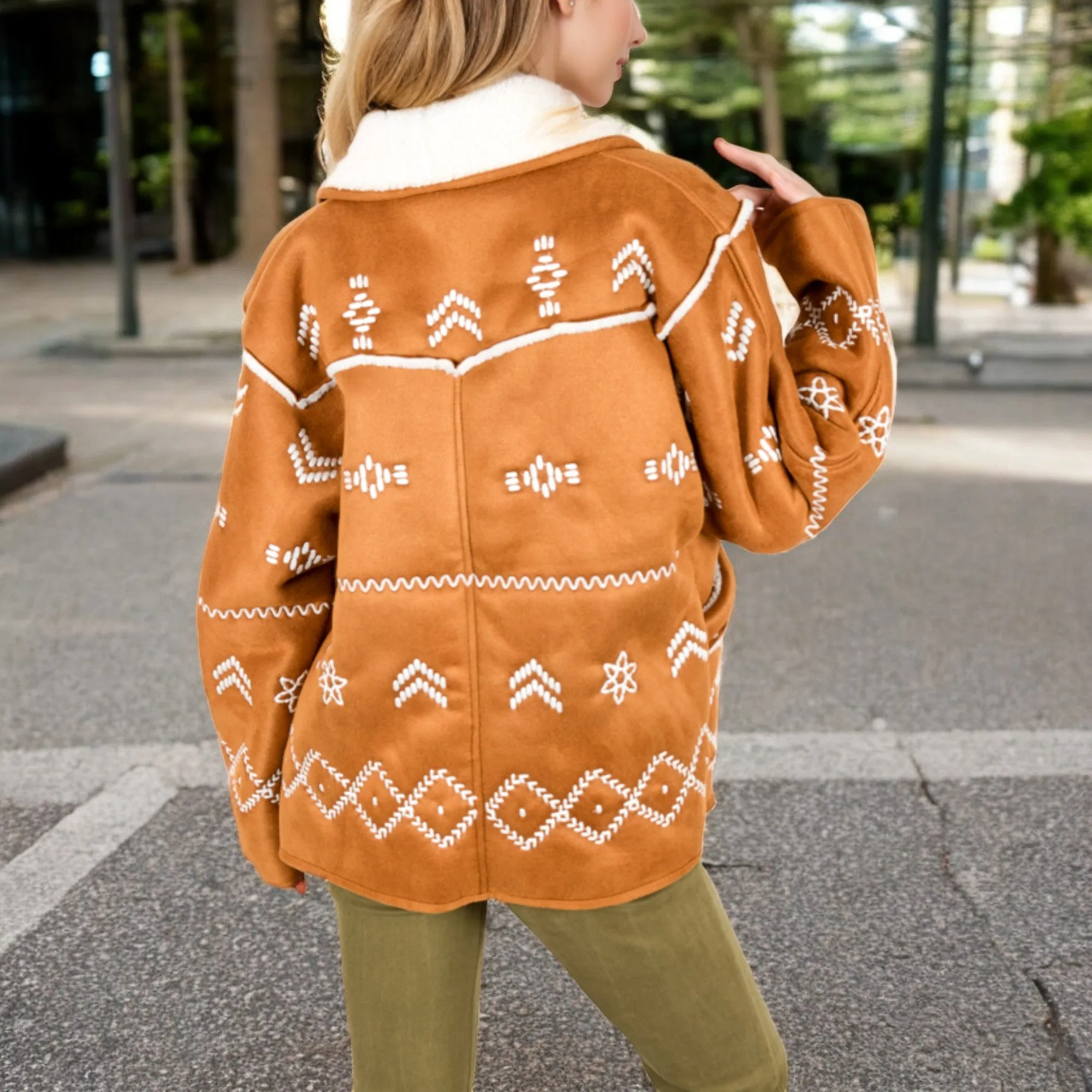 Anna-Kaci Women's Embroidered Faux Shearling Jacket with Shawl Collar