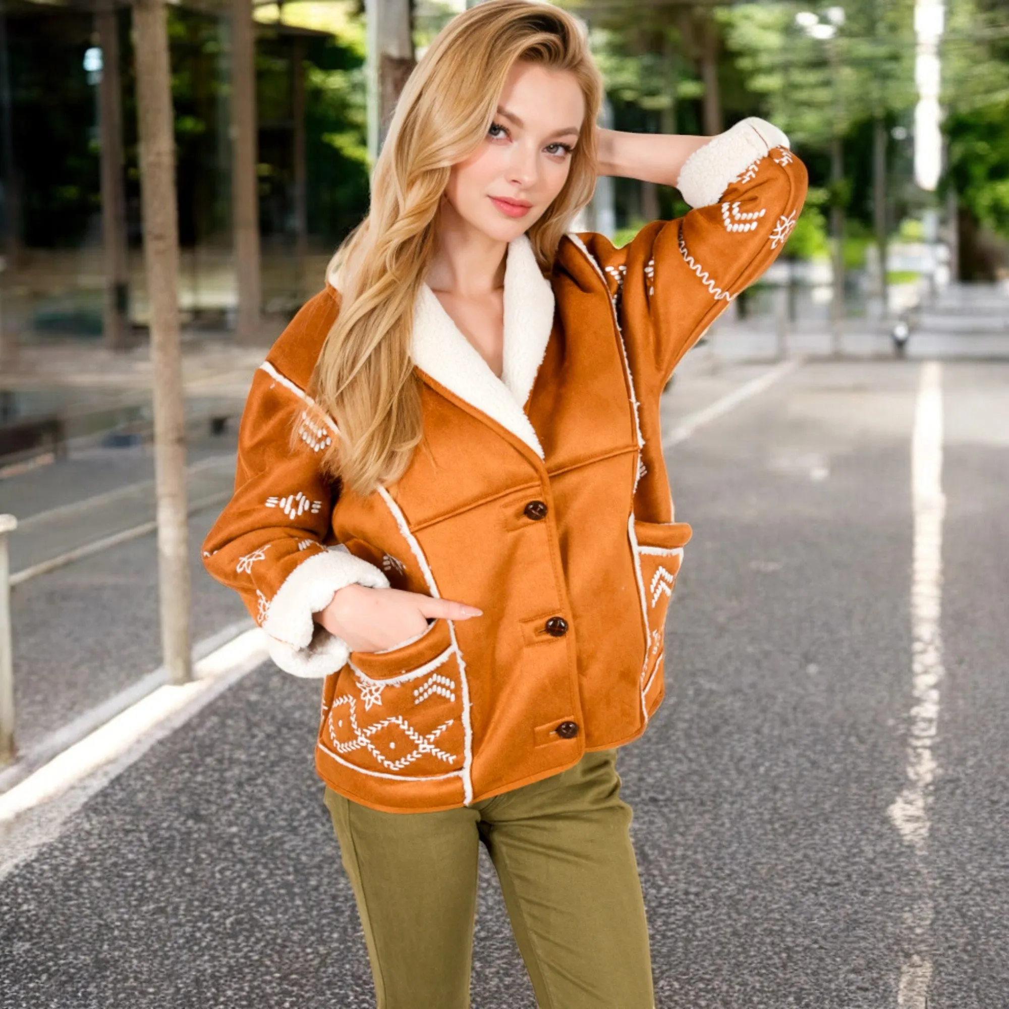 Anna-Kaci Women's Embroidered Faux Shearling Jacket with Shawl Collar