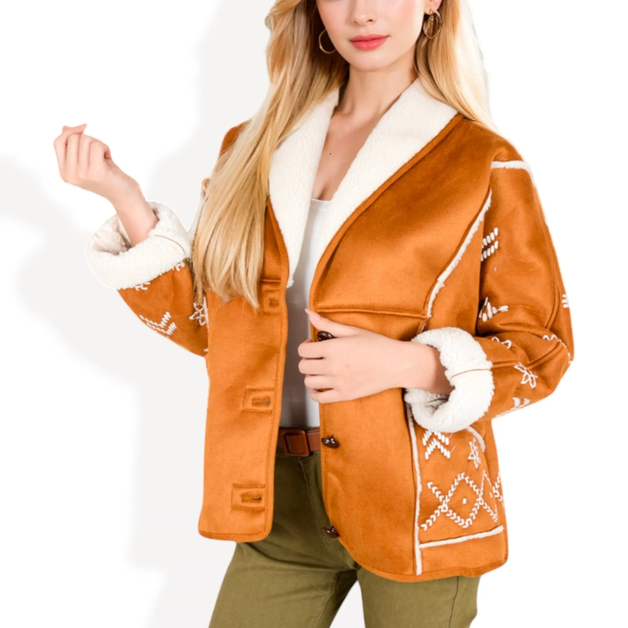 Anna-Kaci Women's Embroidered Faux Shearling Jacket with Shawl Collar