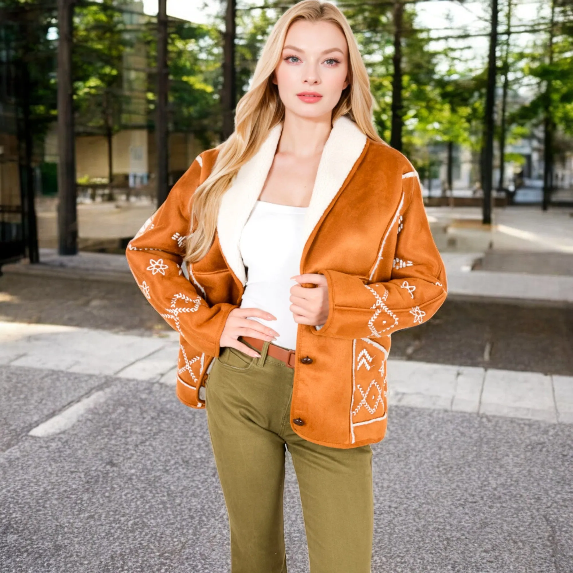 Anna-Kaci Women's Embroidered Faux Shearling Jacket with Shawl Collar