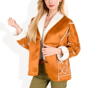 Anna-Kaci Women's Embroidered Faux Shearling Jacket with Shawl Collar