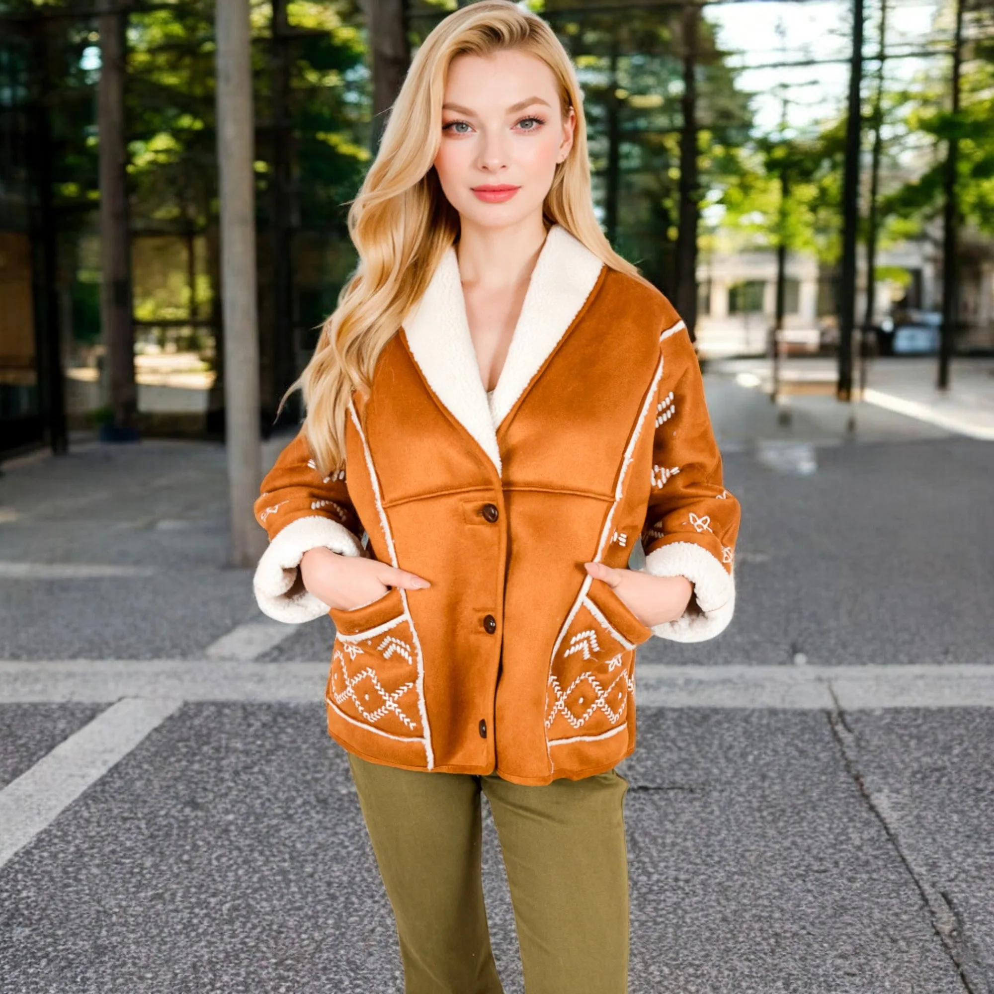 Anna-Kaci Women's Embroidered Faux Shearling Jacket with Shawl Collar