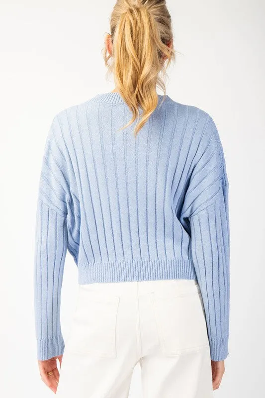 Astrid Long Sleeve Ribbed Knit Cropped Sweater Top Blue