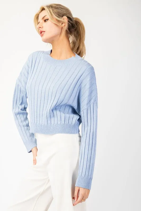 Astrid Long Sleeve Ribbed Knit Cropped Sweater Top Blue