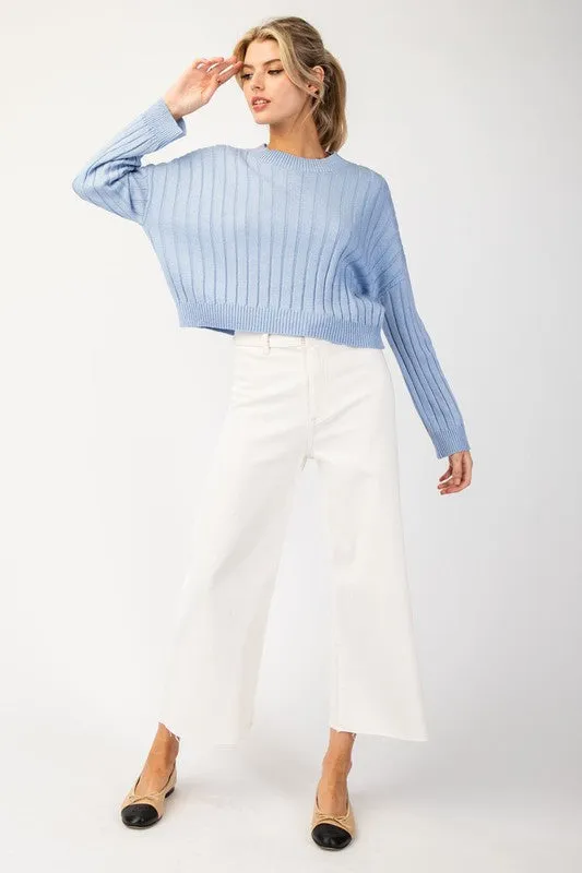 Astrid Long Sleeve Ribbed Knit Cropped Sweater Top Blue