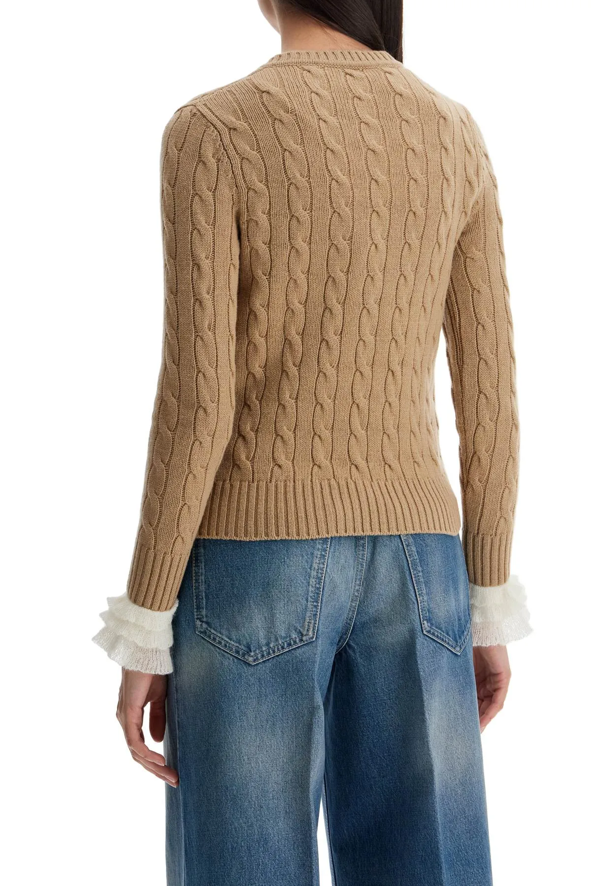 Beige And Ivory Cable Knit Crew Neck Sweater