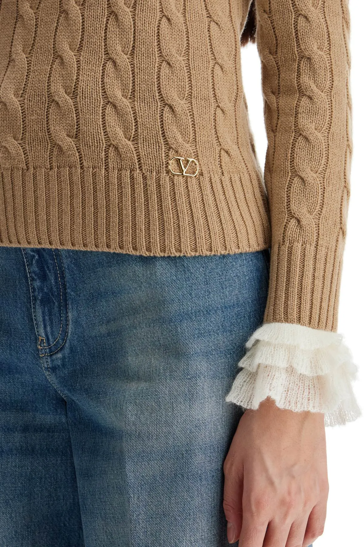 Beige And Ivory Cable Knit Crew Neck Sweater