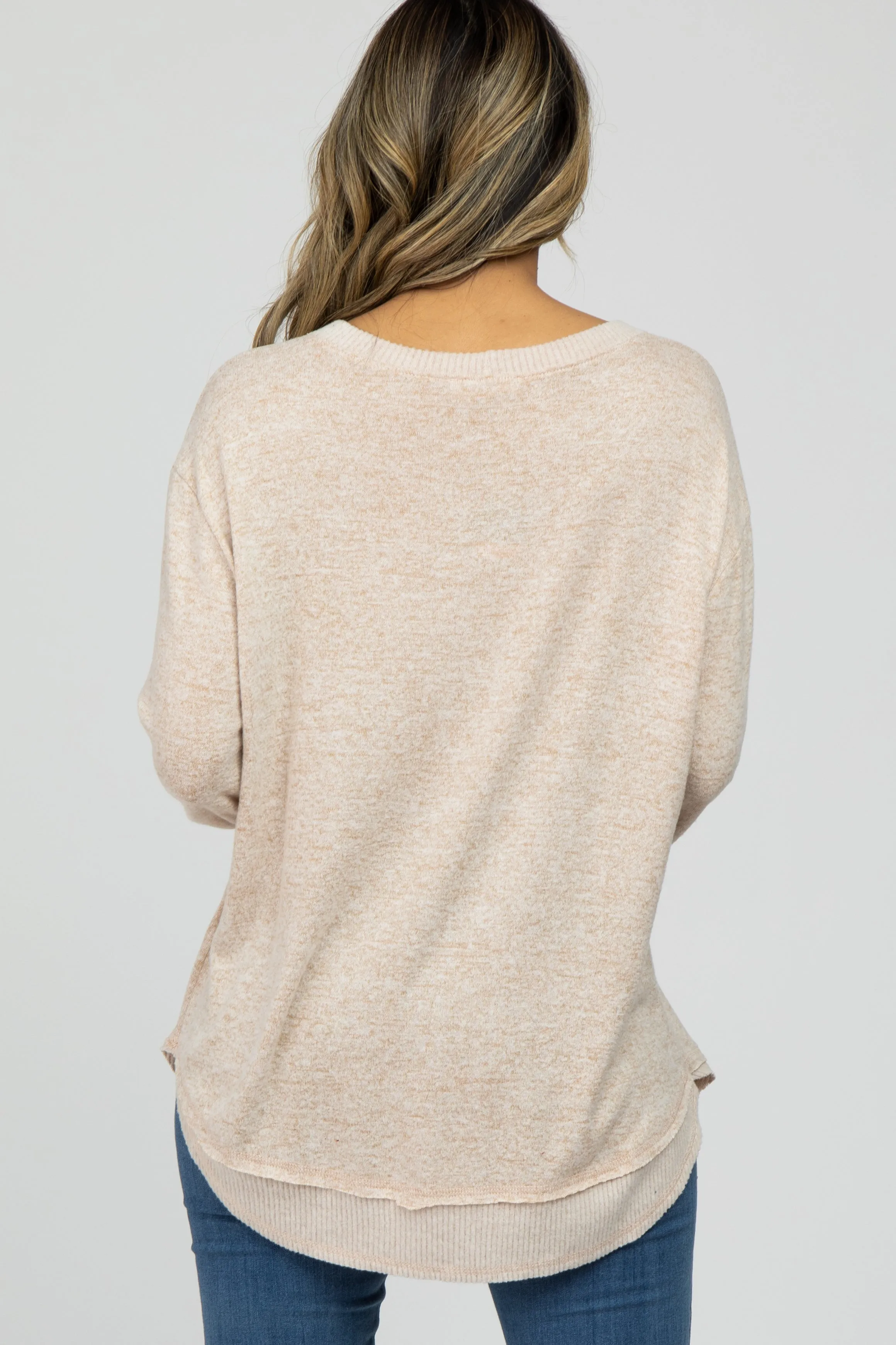 Beige Brushed Knit Rib Contrast Top