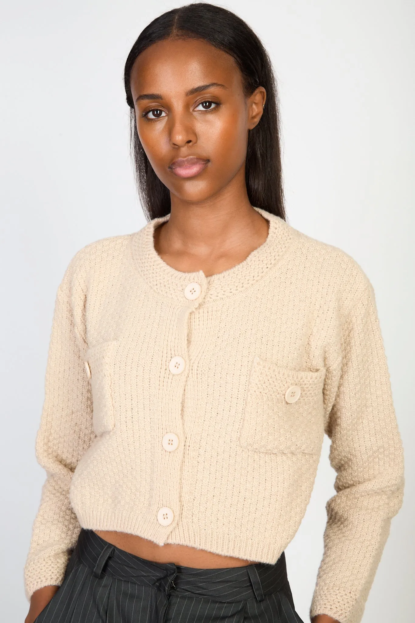 Beige cropped knit jacket