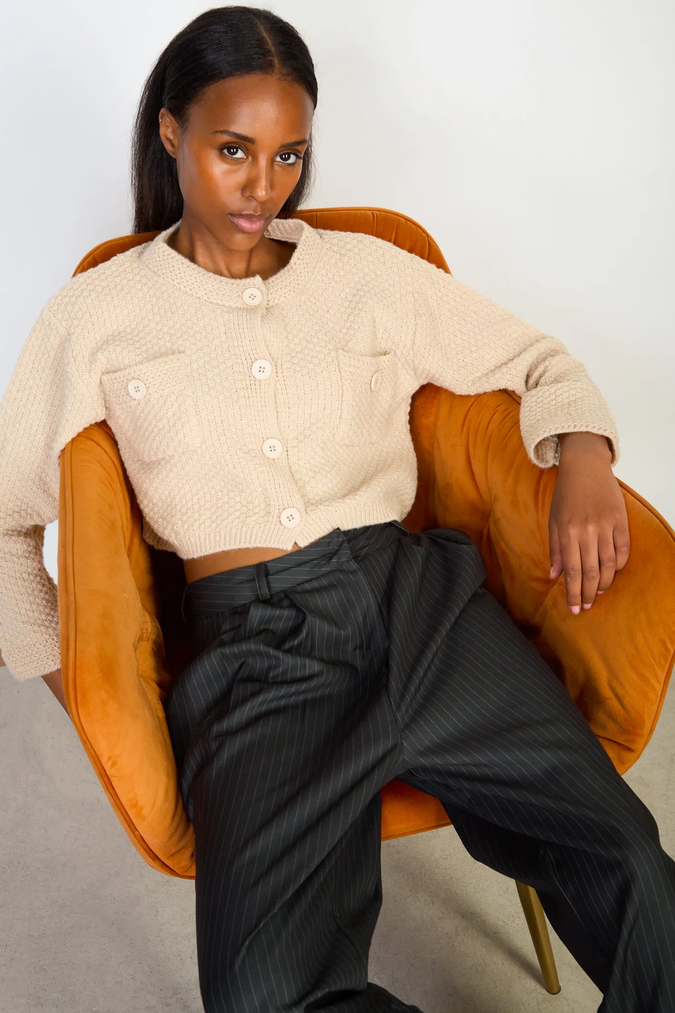 Beige cropped knit jacket