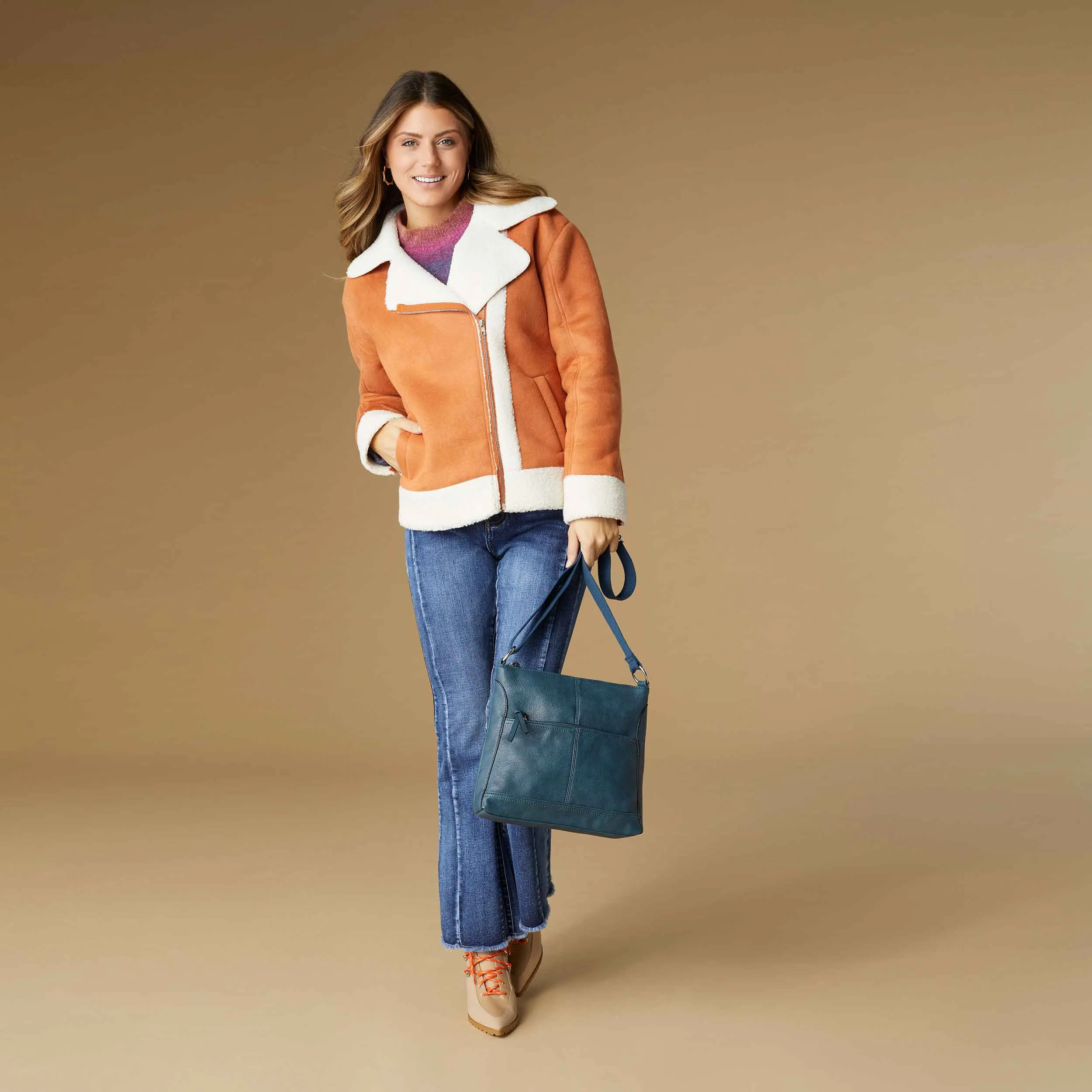 Bexley Sherpa Bonded Faux Suede Moto - Pumpkin - Final Sale