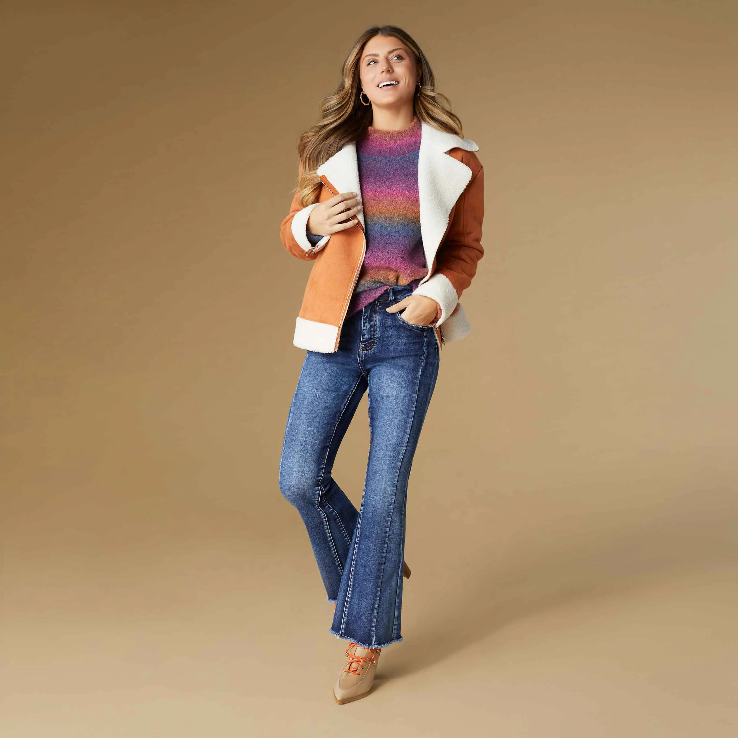 Bexley Sherpa Bonded Faux Suede Moto - Pumpkin - Final Sale