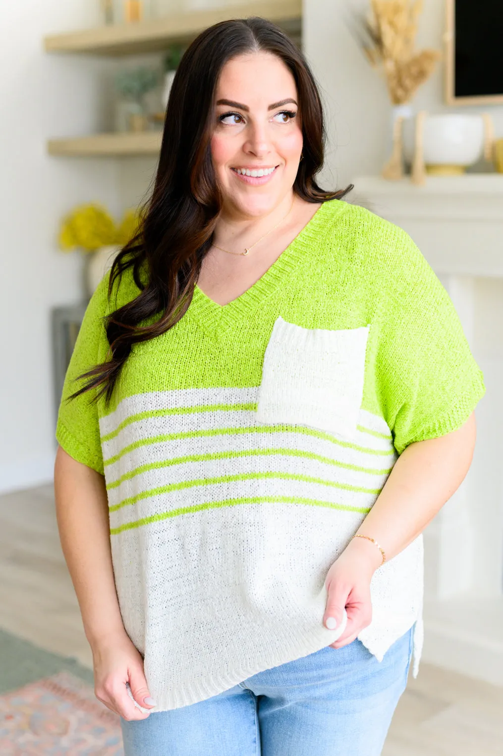BiBi Neon Green and White Speak Now V-Neck Top