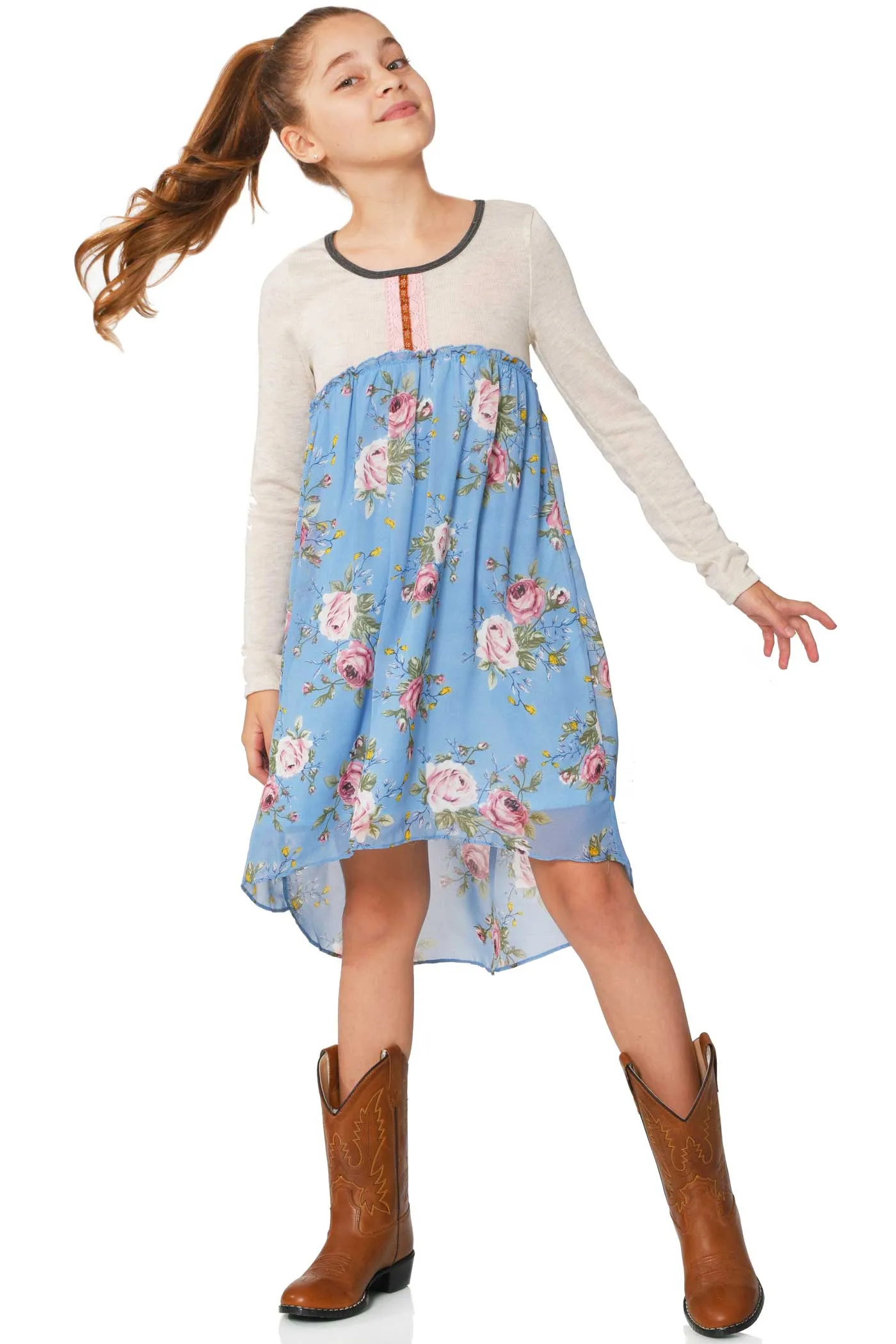 Big Girls Knit Top Long Sleeve Floral Chiffon Dress