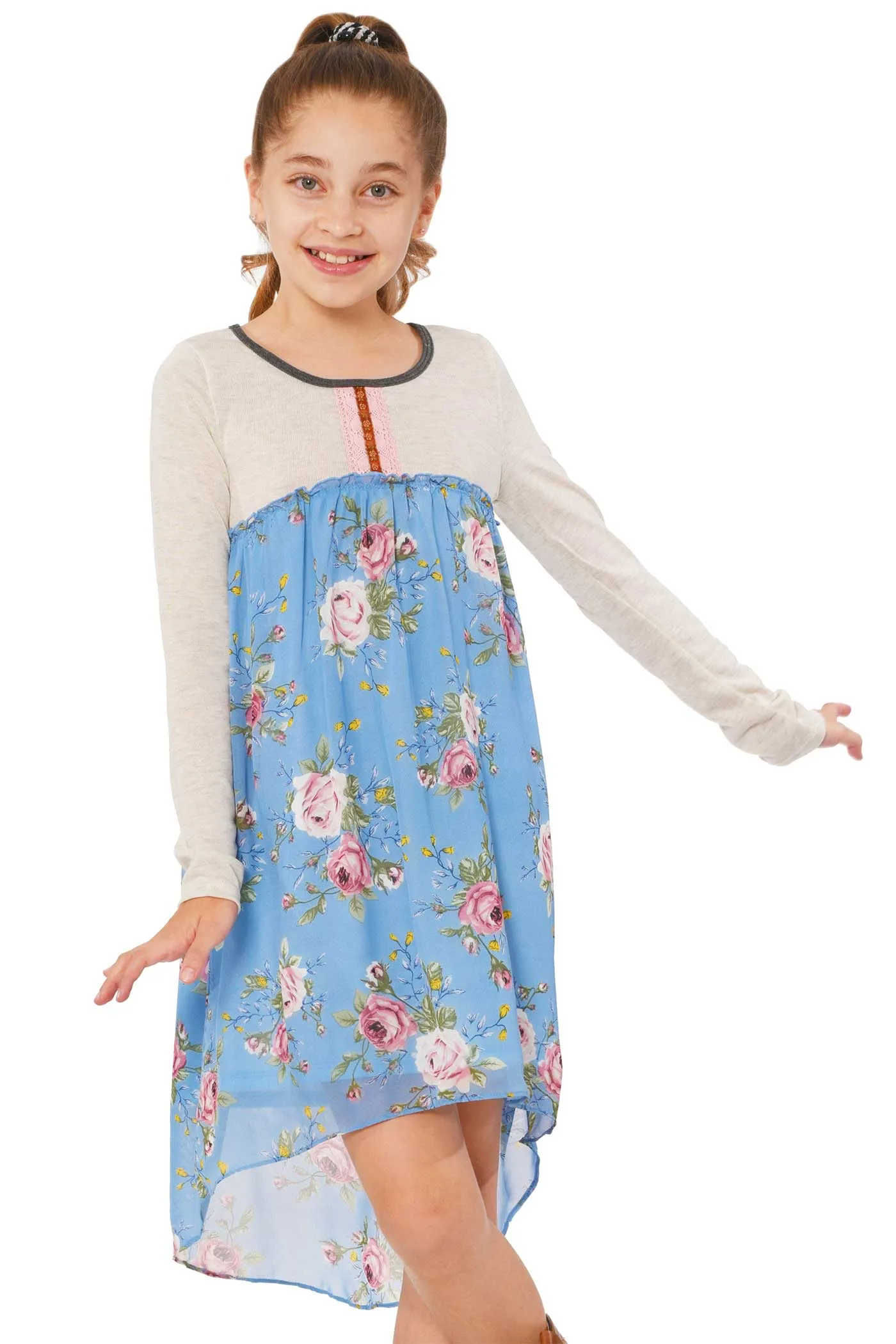 Big Girls Knit Top Long Sleeve Floral Chiffon Dress