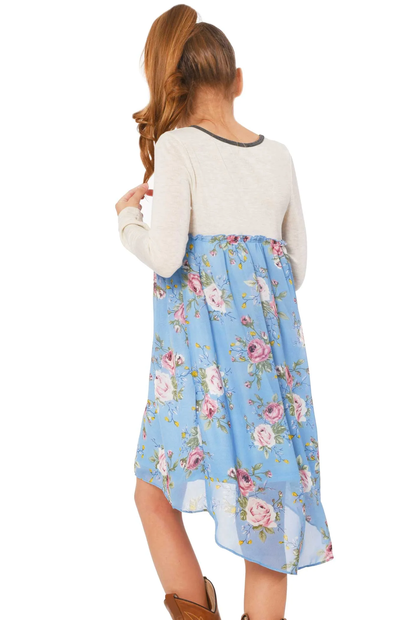 Big Girls Knit Top Long Sleeve Floral Chiffon Dress