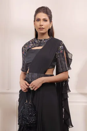 Black onyx drape saree with  embroidered cape