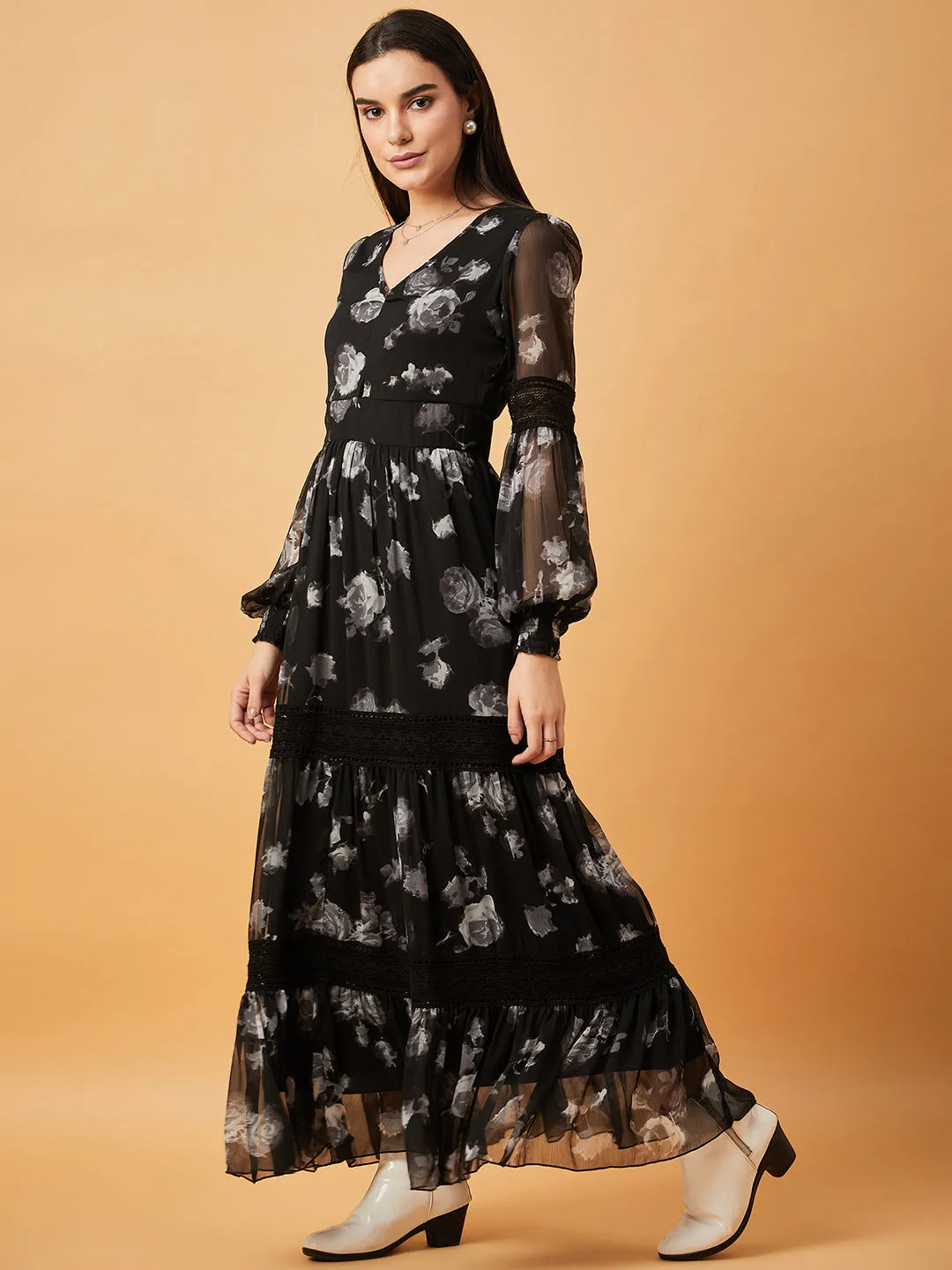Black Printed V-Neck Full Sleeve Maxi Dress