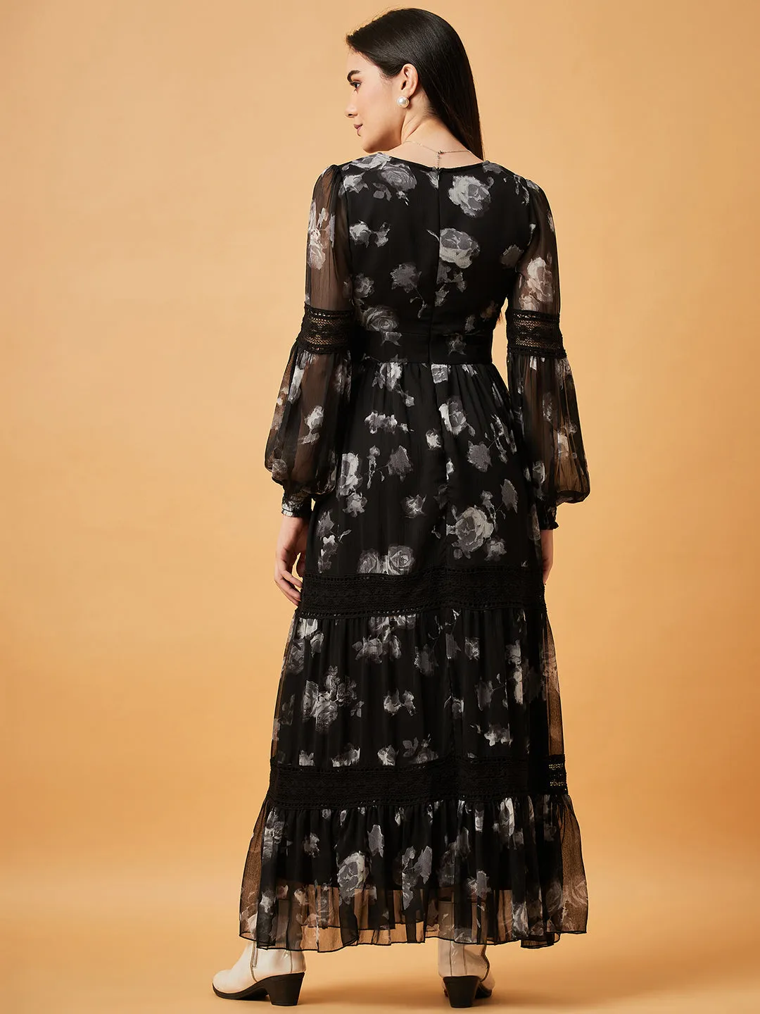 Black Printed V-Neck Full Sleeve Maxi Dress
