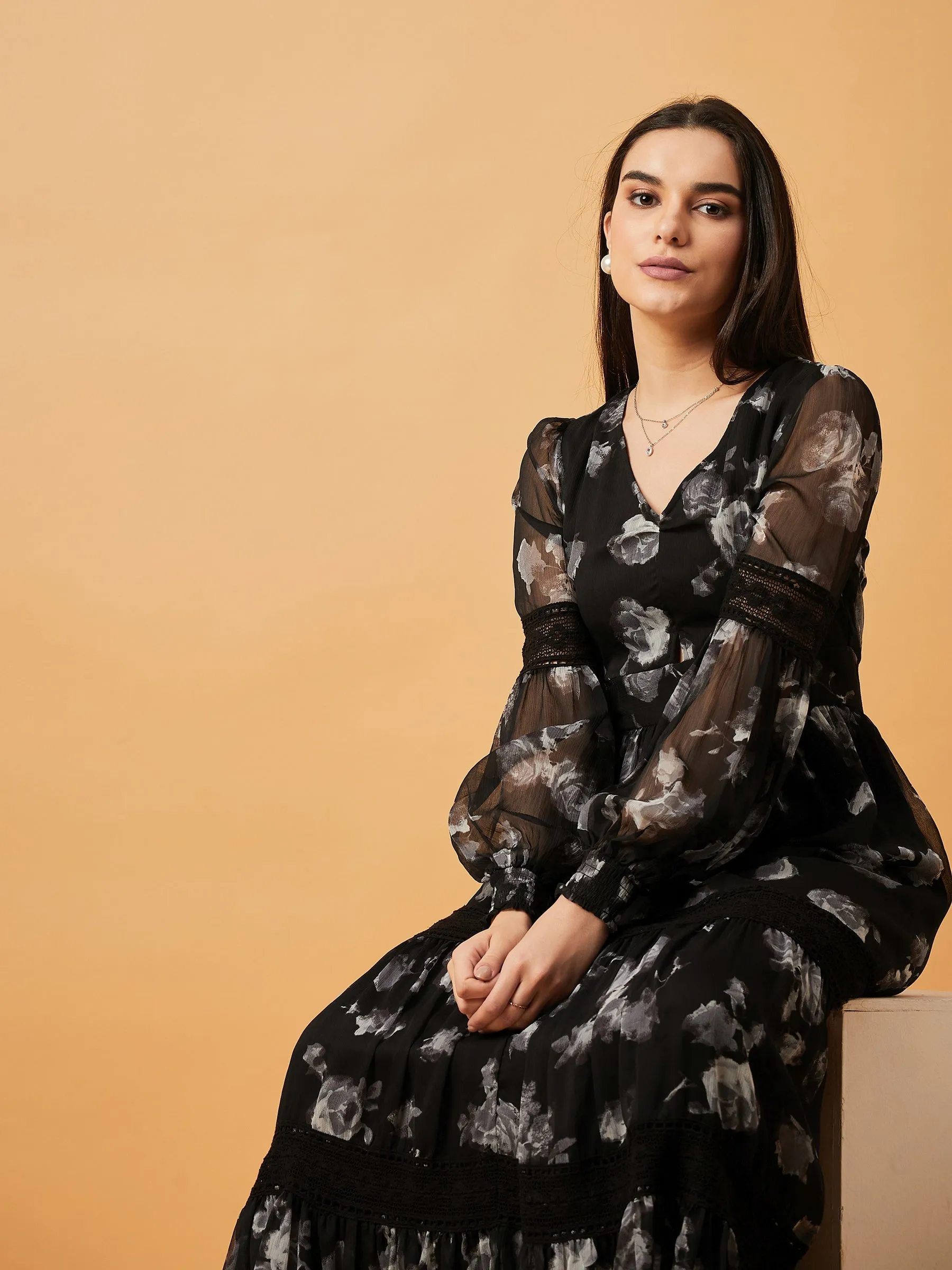 Black Printed V-Neck Full Sleeve Maxi Dress
