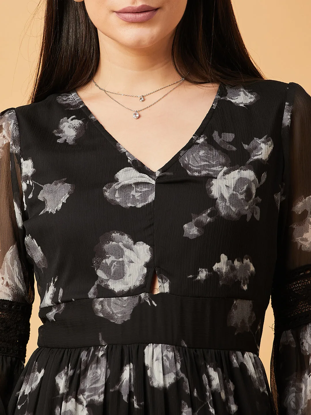 Black Printed V-Neck Full Sleeve Maxi Dress