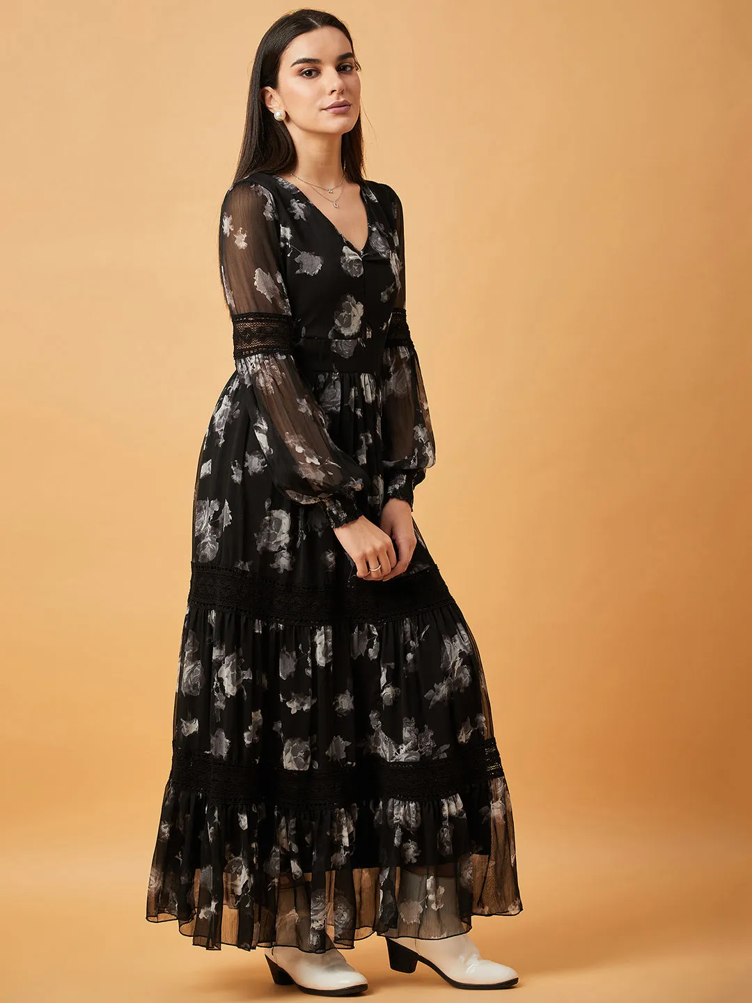 Black Printed V-Neck Full Sleeve Maxi Dress