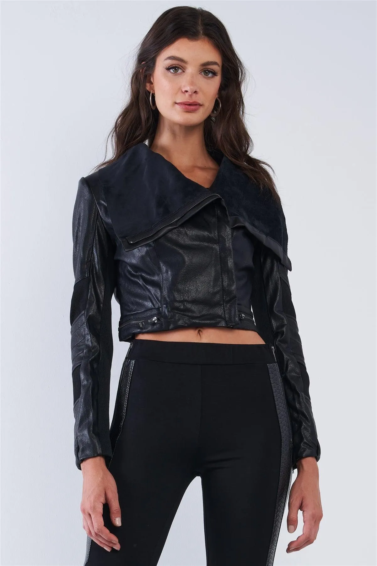 Black Vegan Leather Structured Oblique Front Zipper Double Sided Suede Lapel Collar Cropped Jacket /1-2-2