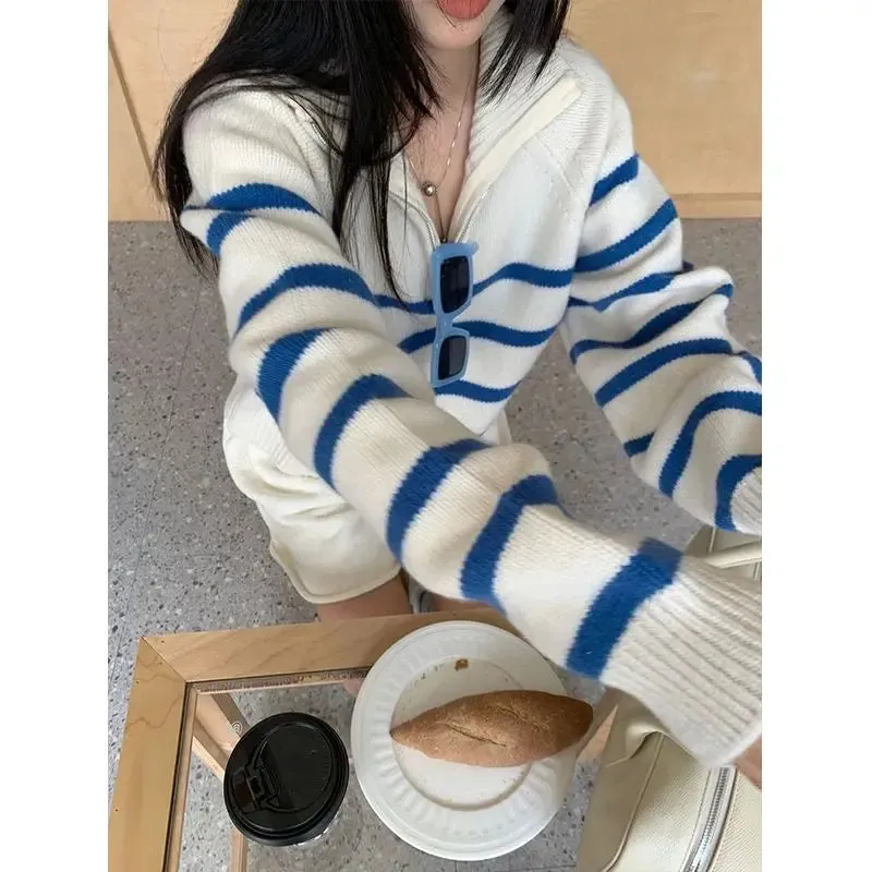 Blue Stripe Zipper Mock Neck Pullover