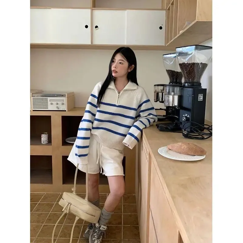 Blue Stripe Zipper Mock Neck Pullover