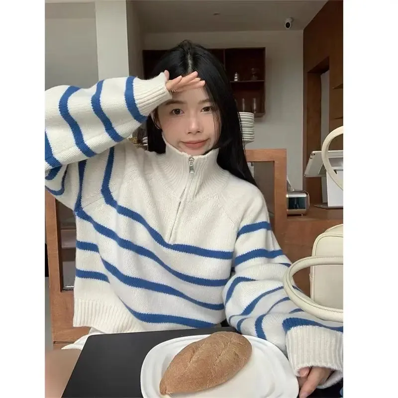 Blue Stripe Zipper Mock Neck Pullover