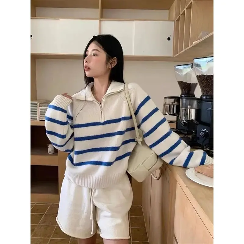 Blue Stripe Zipper Mock Neck Pullover