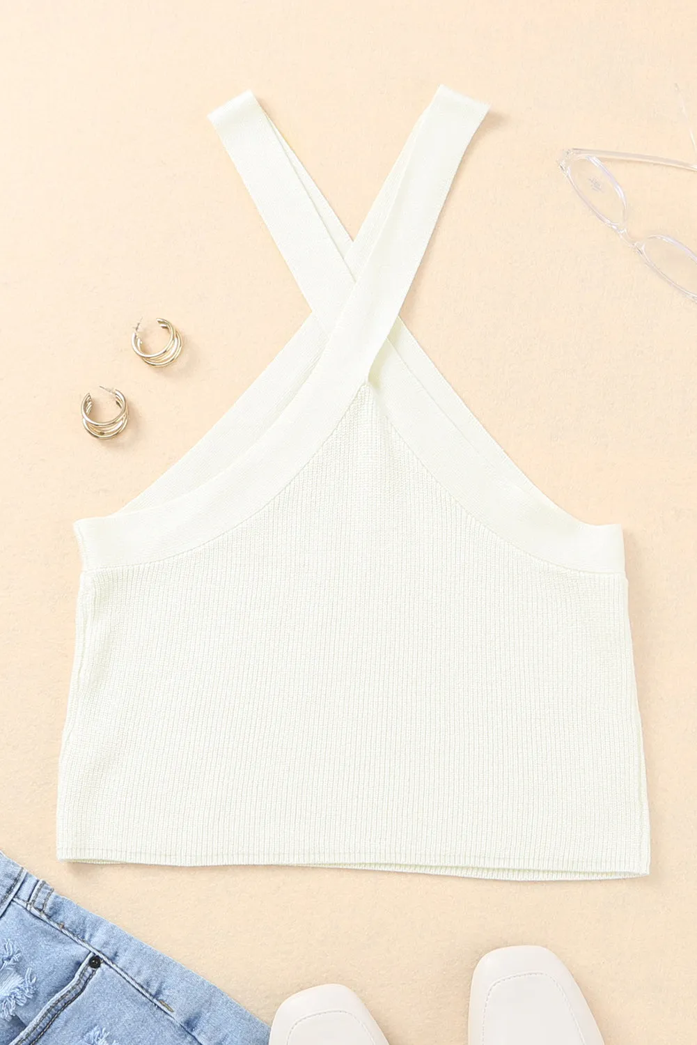 Candace - White Ribbed Knit Criss Cross Halter Neck Tank Top