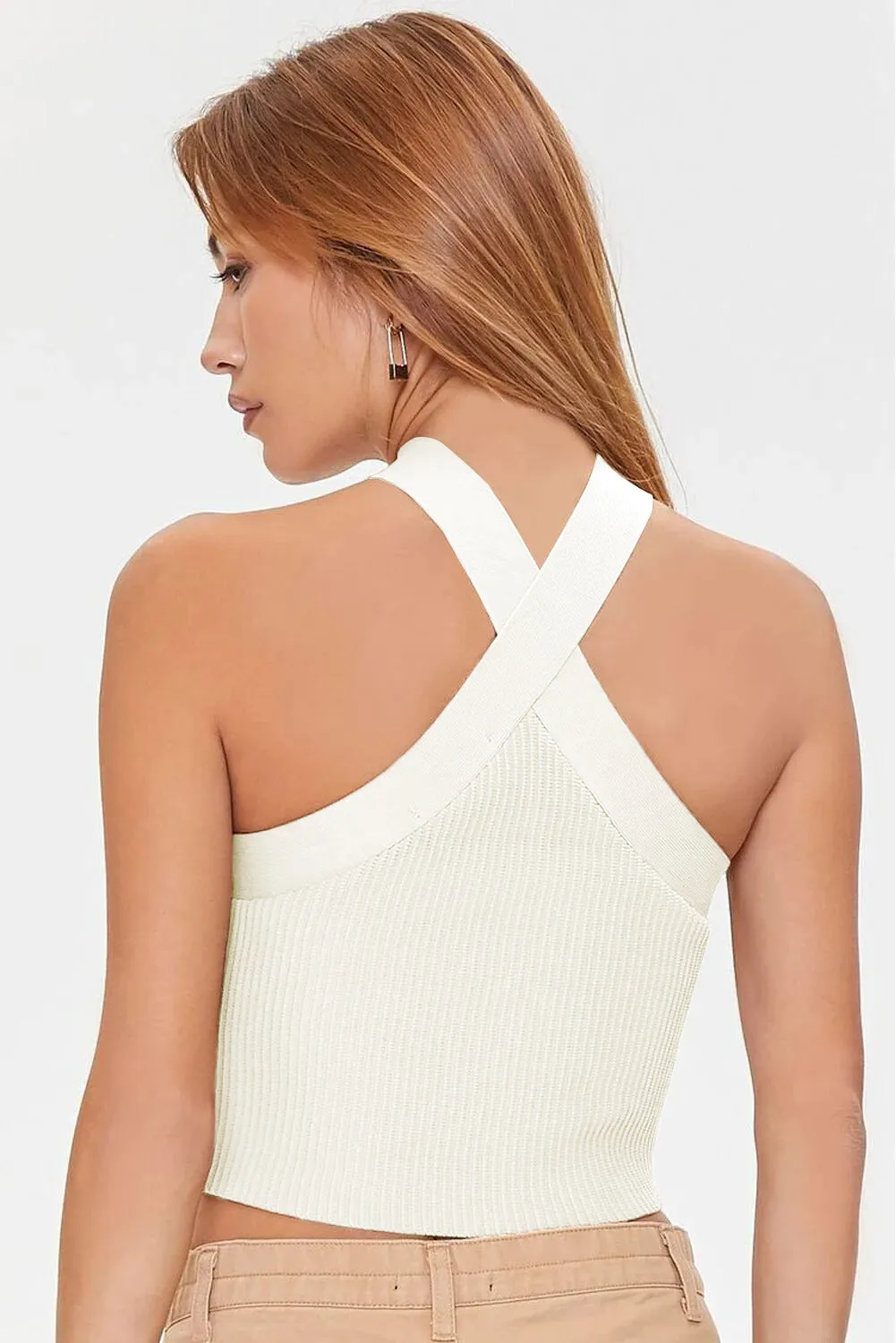 Candace - White Ribbed Knit Criss Cross Halter Neck Tank Top
